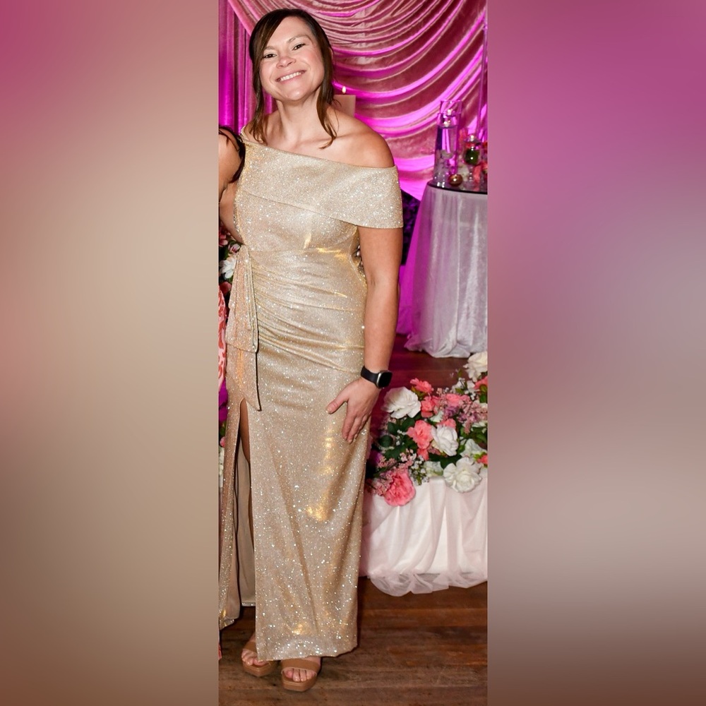 Gold Sparkle Ruched Evening Gown